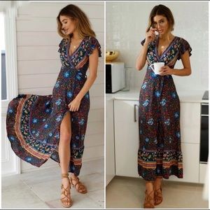 Boho Summer Sash Split Maxi Dress